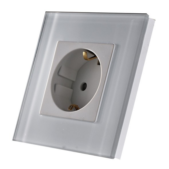 Розетка 220Вт, со шторками и заземлением. Белый. Стекло